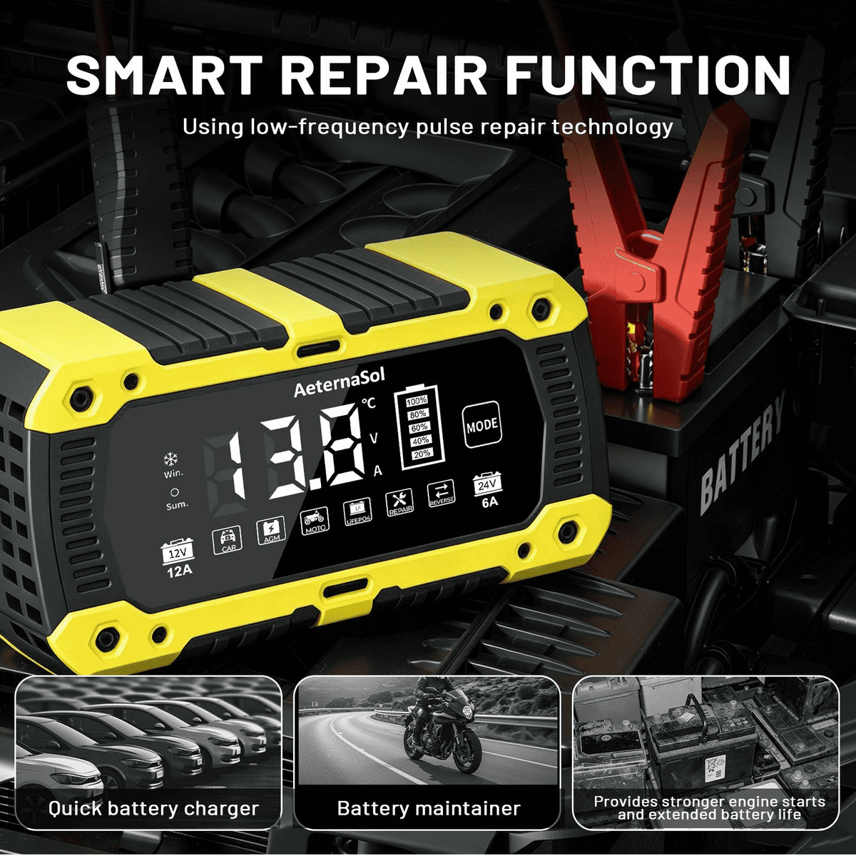 12V Smart Car Battery Charger 10A/12A/15A/20A – Yellow US Dual Plug