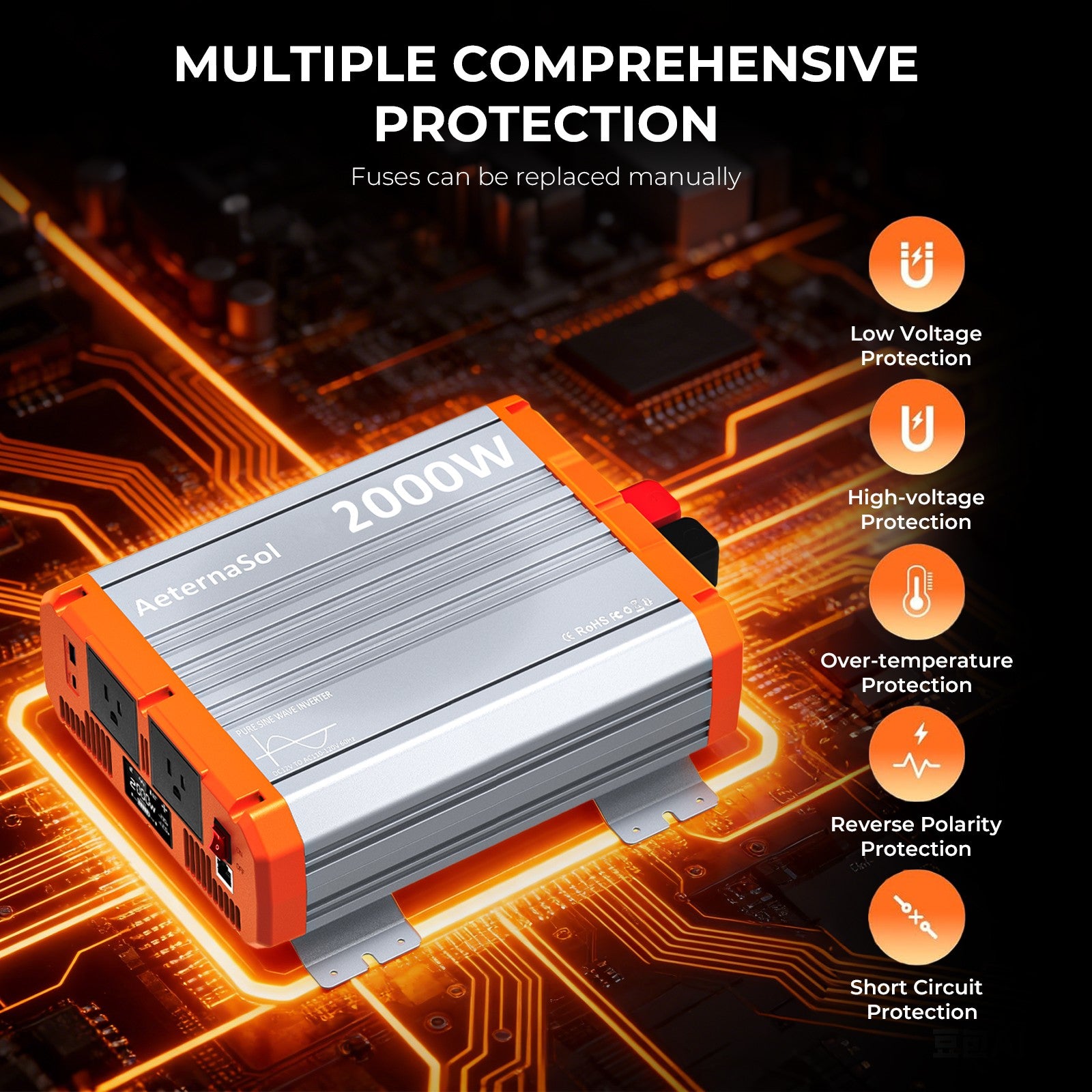 AeternalSol 2KW 2000W Pure Sine Wave Inverter 12V DC to 120V AC Solar RV Marine