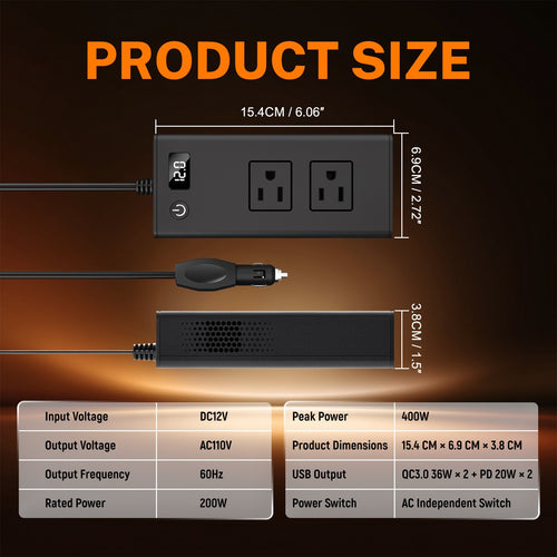 200W Car Power Inverter DC 12V to AC 110V 120V Converter Adapter Charger RV US