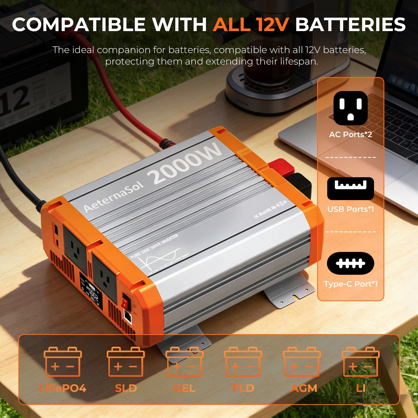 AeternalSol 2KW 2000W Pure Sine Wave Inverter 12V DC to 120V AC Solar RV Marine