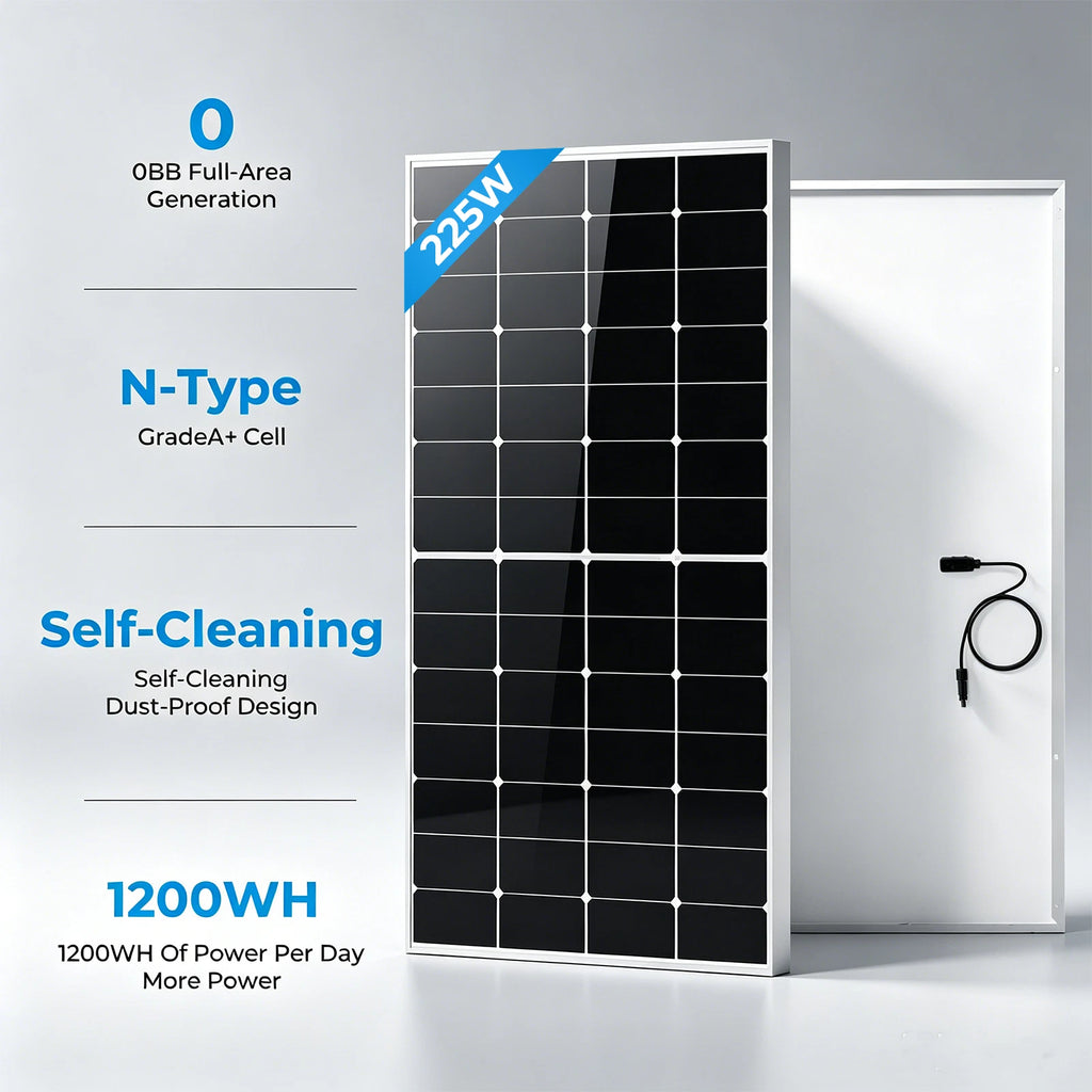 225Watt 12V Solar Panel N-Type 0BB Anti-Shading Mono Off Grid RV Roof Home 200w