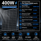 100W/200W/400W/800W/1200W/1600W N-Type Solar Panel, 12V 18BB 25.2% High-Efficiency IP68 Waterproof Solar Panels for RV, Marine, Trailer, Camper, Rooftop, Farm & Other Off-Grid Systems