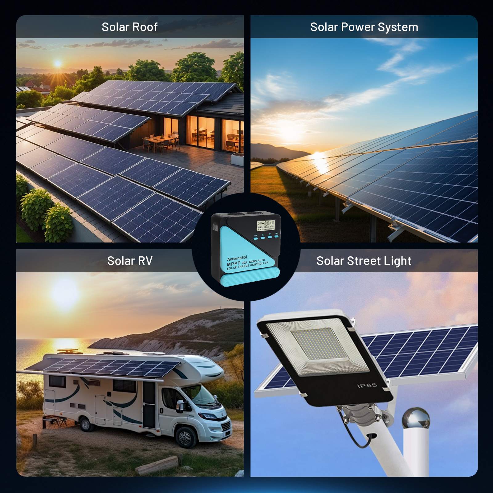 40A Solar Charge Controller, 12V/24V MPPT Controller, Adjustable LCD with Timer, Dual USB Ports, for RV, Boat, Cabin, Off-Grid Systems, Compatible with FLD/LiFePO4/SLD/GEL/AGM (Blue)/(Orange)