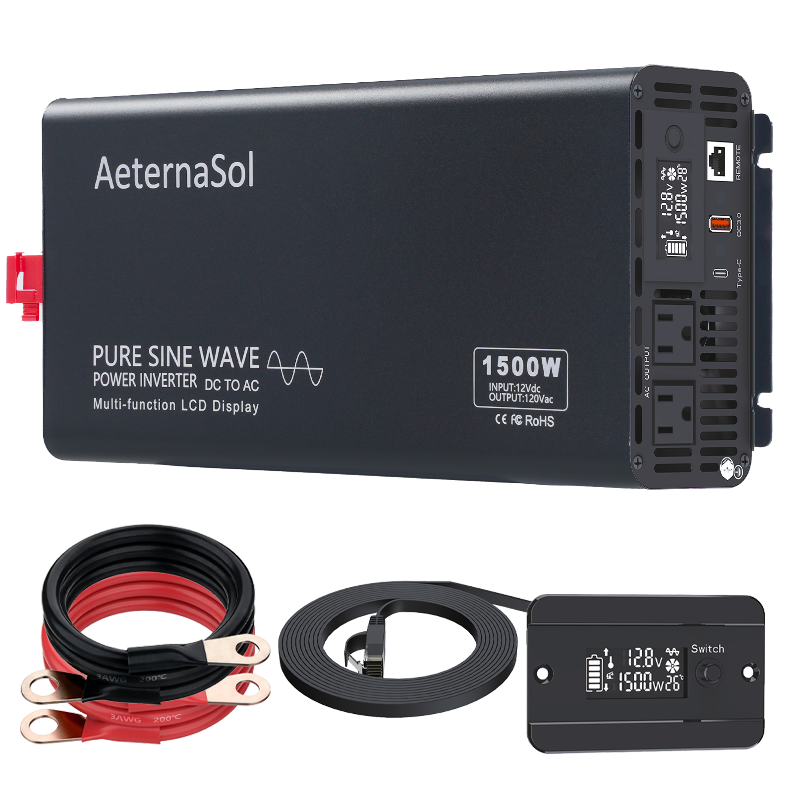 1500W 12V Inverter, Quiet Fan, Type-C & Remote