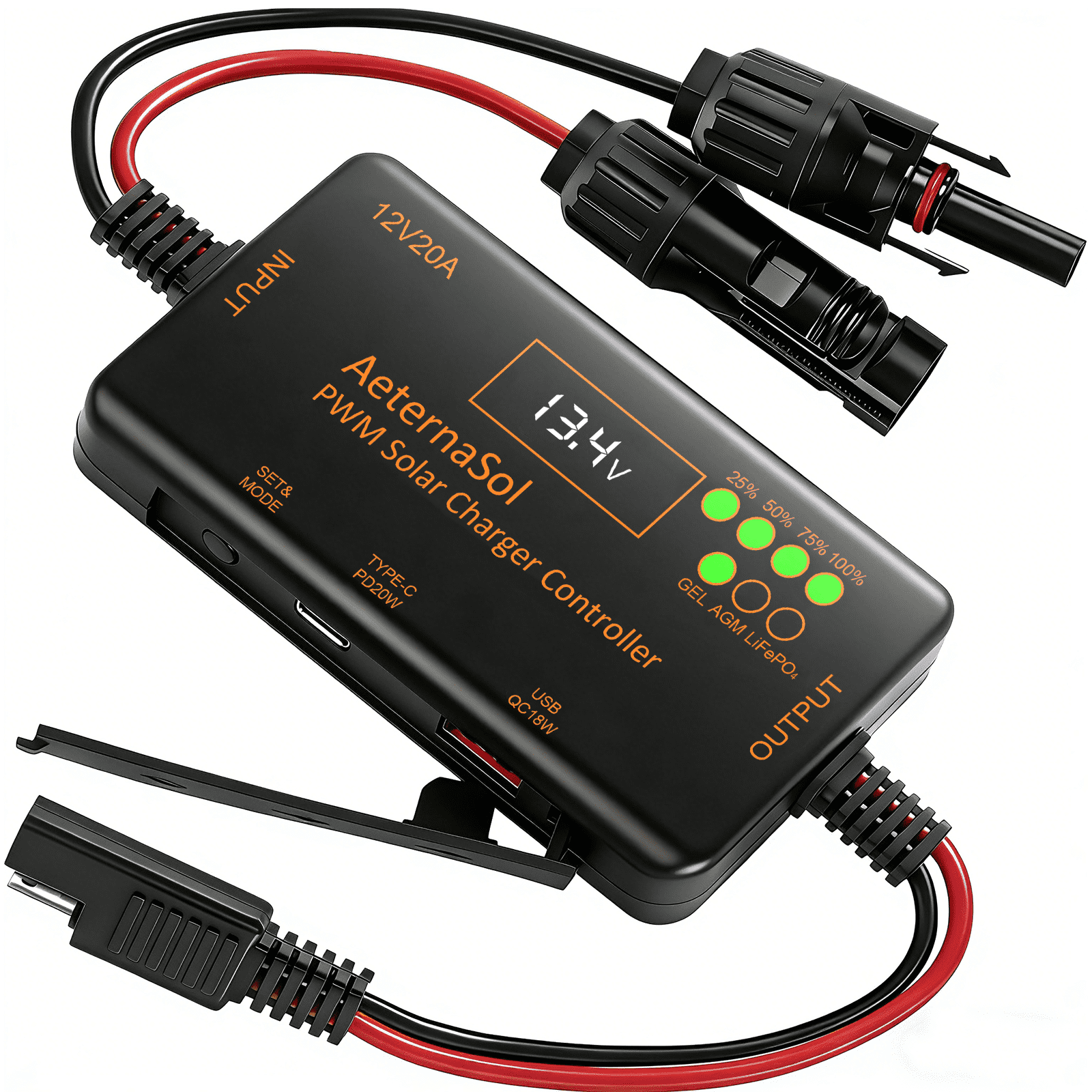 PWM/MPPT Solar Charge Controller 12V 20A/10A Solar Panel Charge Controller with PD 22W/36W & QC 18W USB Type-C Output for LiFePO4, AGM, Gel Battery (20A PWM)/(10A MPPT)