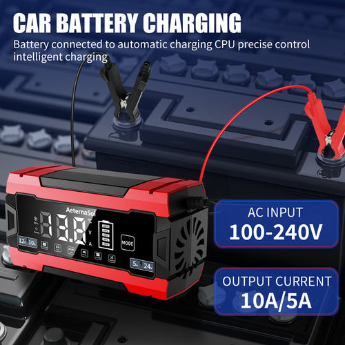 12V-10A 红色 美规双插 标题：12V battery charger Car Battery Charger Intelligent Pulse Repair Smart Automatic