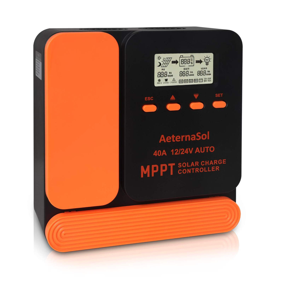 40A Solar Charge Controller, 12V/24V MPPT Controller, Adjustable LCD with Timer, Dual USB Ports, for RV, Boat, Cabin, Off-Grid Systems, Compatible with FLD/LiFePO4/SLD/GEL/AGM (Blue)/(Orange)