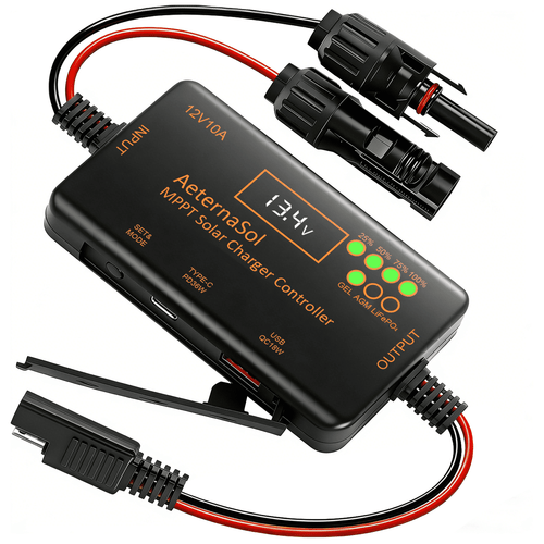 PWM/MPPT Solar Charge Controller 12V 20A/10A Solar Panel Charge Controller with PD 22W/36W & QC 18W USB Type-C Output for LiFePO4, AGM, Gel Battery (20A PWM)/(10A MPPT)