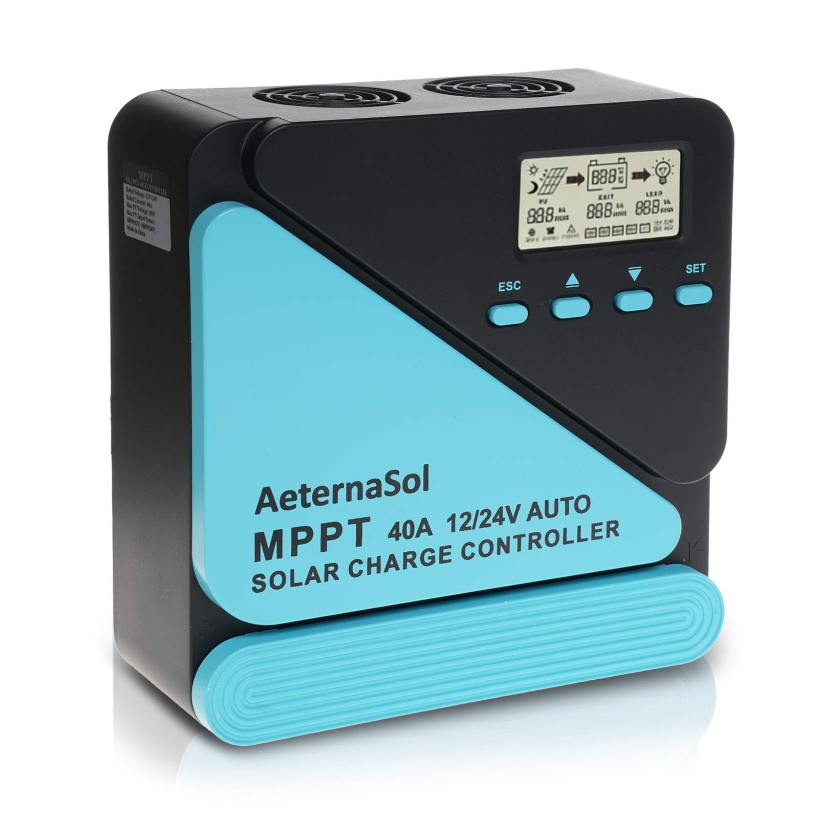 40A Solar Charge Controller, 12V/24V MPPT Controller, Adjustable LCD with Timer, Dual USB Ports, for RV, Boat, Cabin, Off-Grid Systems, Compatible with FLD/LiFePO4/SLD/GEL/AGM (Blue)/(Orange)