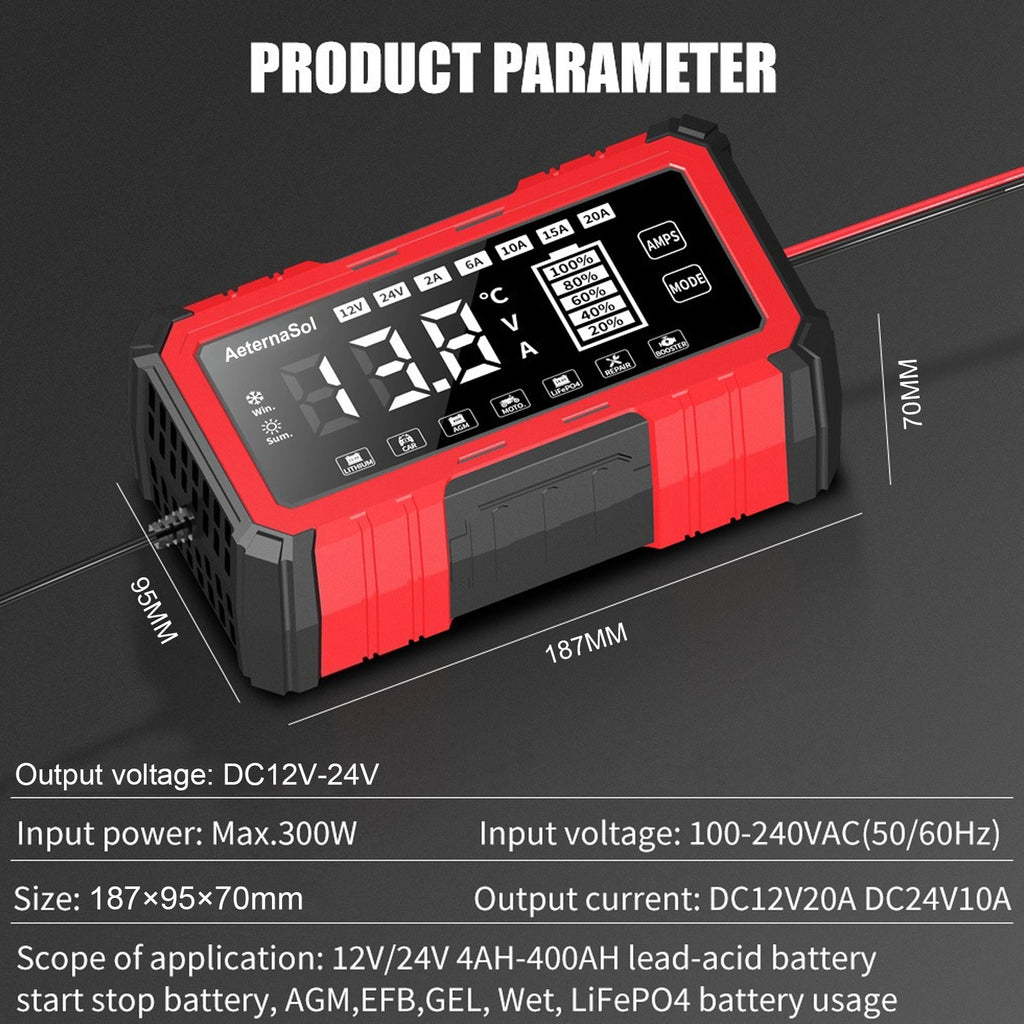 12V/24V 20A Car Battery Charger Intelligent Pulse Repair Smart Automatic for Car