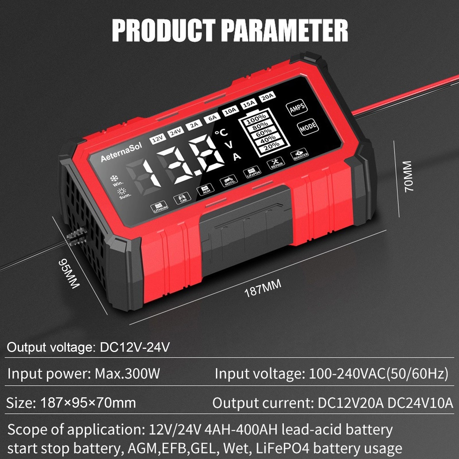 12V/24V 20A Car Battery Charger Intelligent Pulse Repair Smart Automatic for Car
