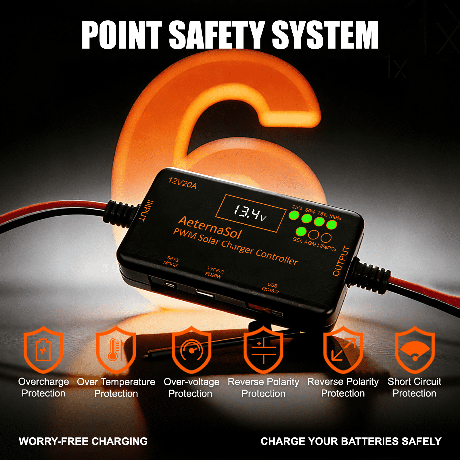 PWM/MPPT Solar Charge Controller 12V 20A/10A Solar Panel Charge Controller with PD 22W/36W & QC 18W USB Type-C Output for LiFePO4, AGM, Gel Battery (20A PWM)/(10A MPPT)