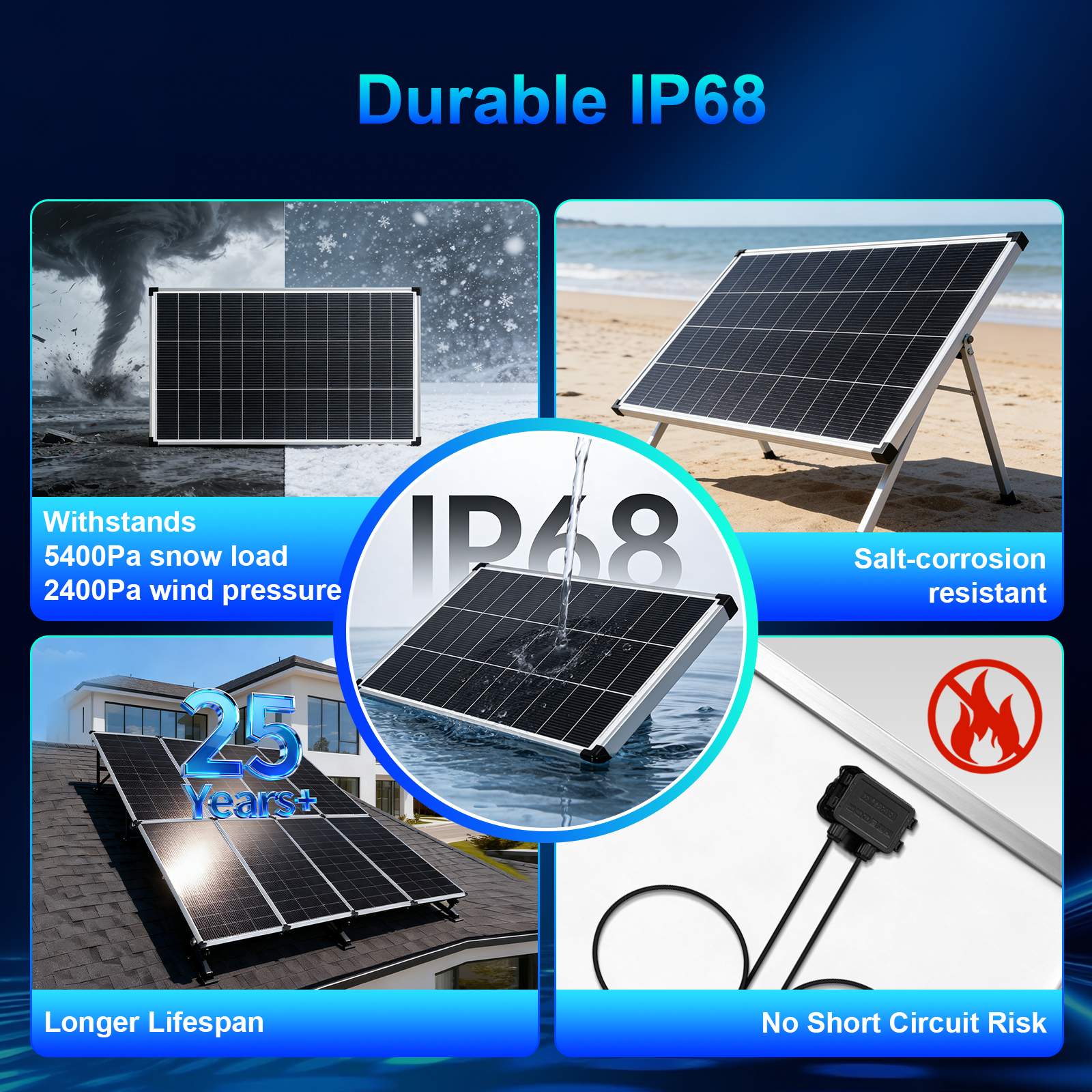 200/400 Watt Solar Panel,18BB N-Type A+ Monocrystalline Cell 25% High Efficiency 12V IP68 Waterproof Solar Panel for Rooftop, RV, Farm, Trailer, Marine, Home Off-Grid System (Black/Silver/Bifacial)