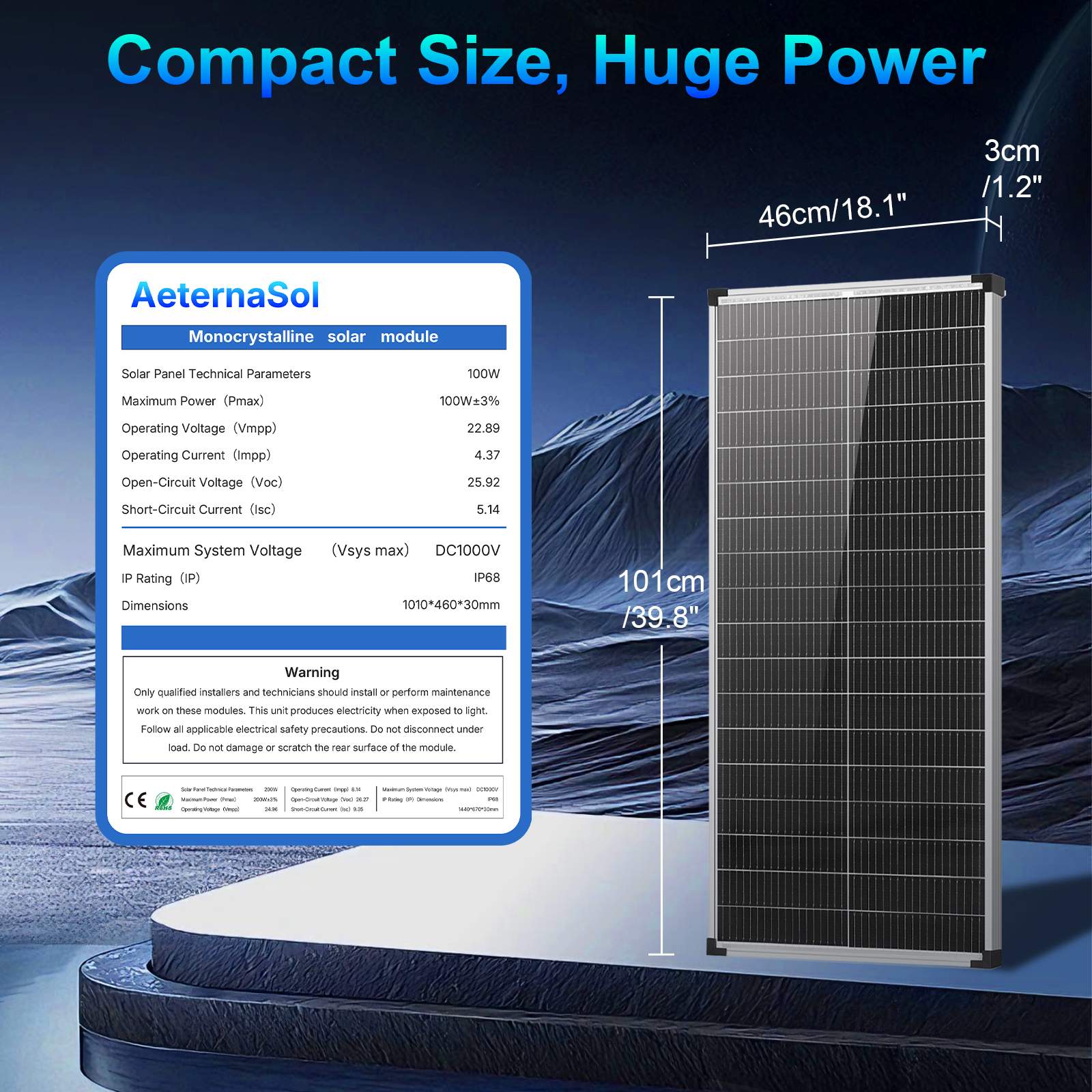 100W/200W/400W Solar Panel,N-Type 12V 18BB 25% High-Efficiency A+ Monocrystalline Cell IP68 Waterproof Solar Panel for RV Marine Boat Trailer Camper Rooftop Farm and Other Off-Grid System (Black/Silver/Bifacial)