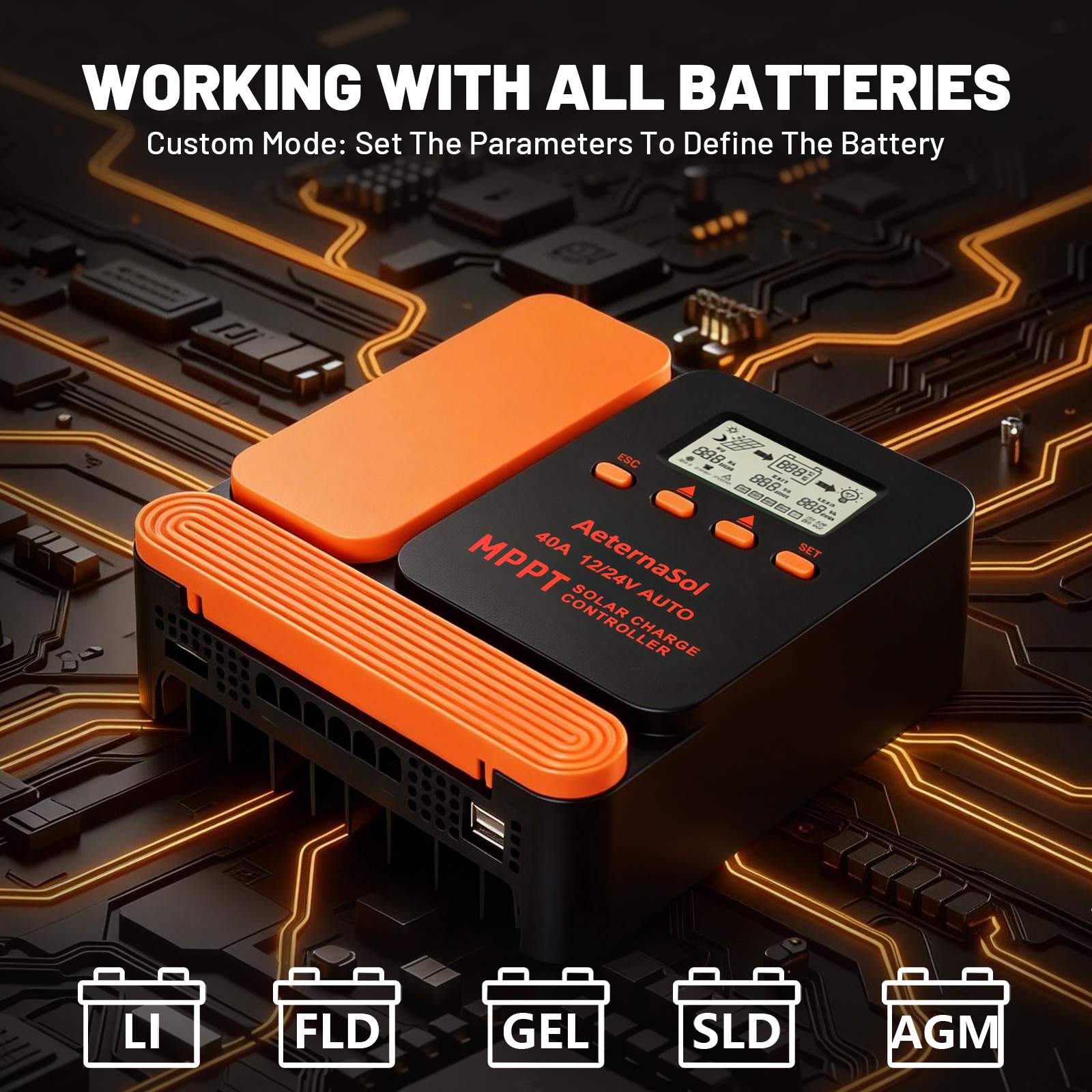 40A Solar Charge Controller, 12V/24V MPPT Controller, Adjustable LCD with Timer, Dual USB Ports, for RV, Boat, Cabin, Off-Grid Systems, Compatible with FLD/LiFePO4/SLD/GEL/AGM (Blue)/(Orange)