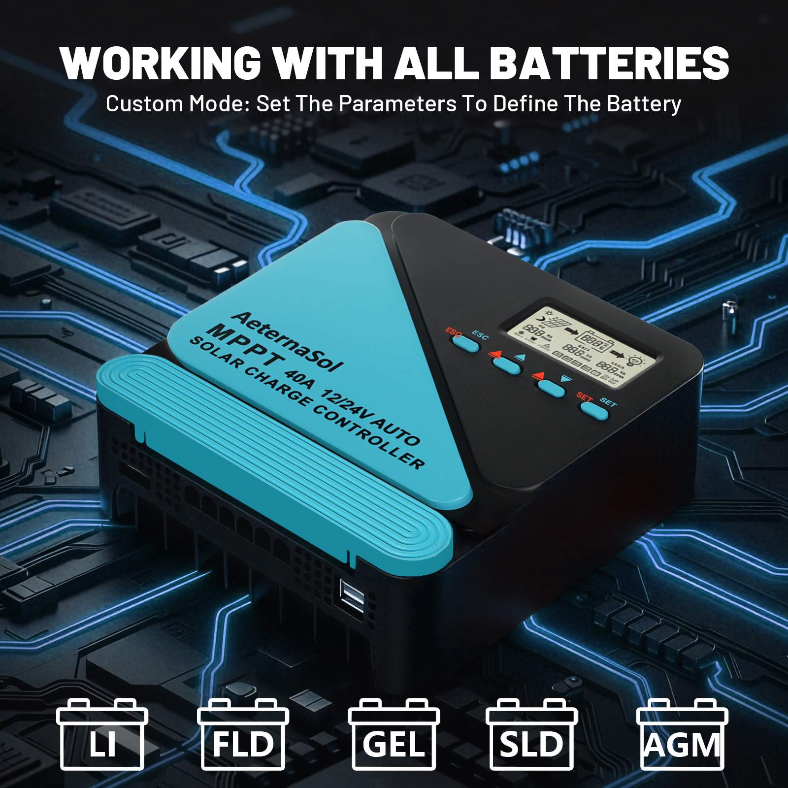 40A Solar Charge Controller, 12V/24V MPPT Controller, Adjustable LCD with Timer, Dual USB Ports, for RV, Boat, Cabin, Off-Grid Systems, Compatible with FLD/LiFePO4/SLD/GEL/AGM (Blue)/(Orange)