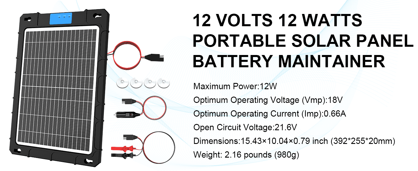 12V Solar Car Battery Charger 12W Waterproof Portable Solar Trickle Charger Maintainer with Smart PWM Controller for Car, Automotive, Motorcycle, Boat, Marine, RV,Trailer, Snowmobile, etc.