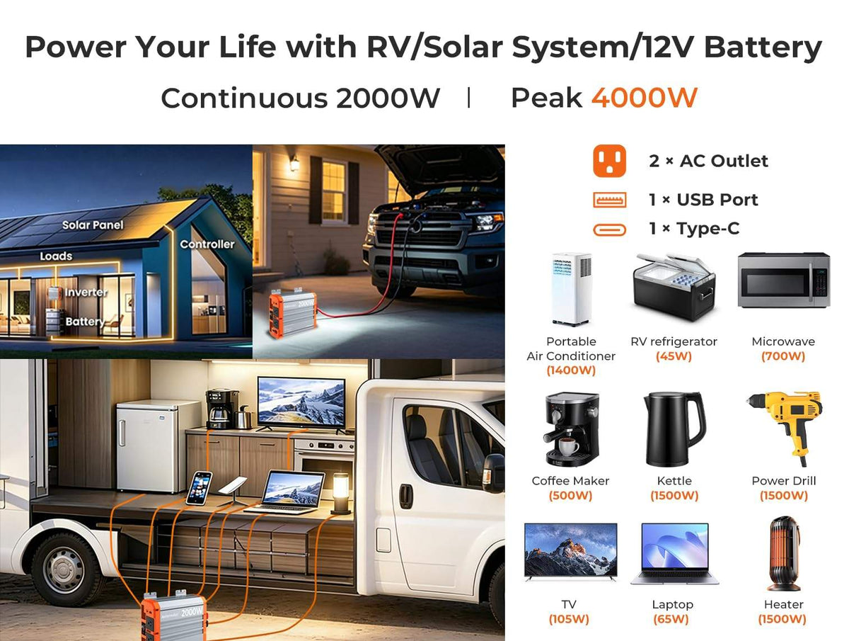 1000W/1500W/2000W/3000W Reiner Sinus-Wechselrichter, 12V DC auf 120V AC Konverter für Solaranlagen, Wohnmobile, Boote und Lkw