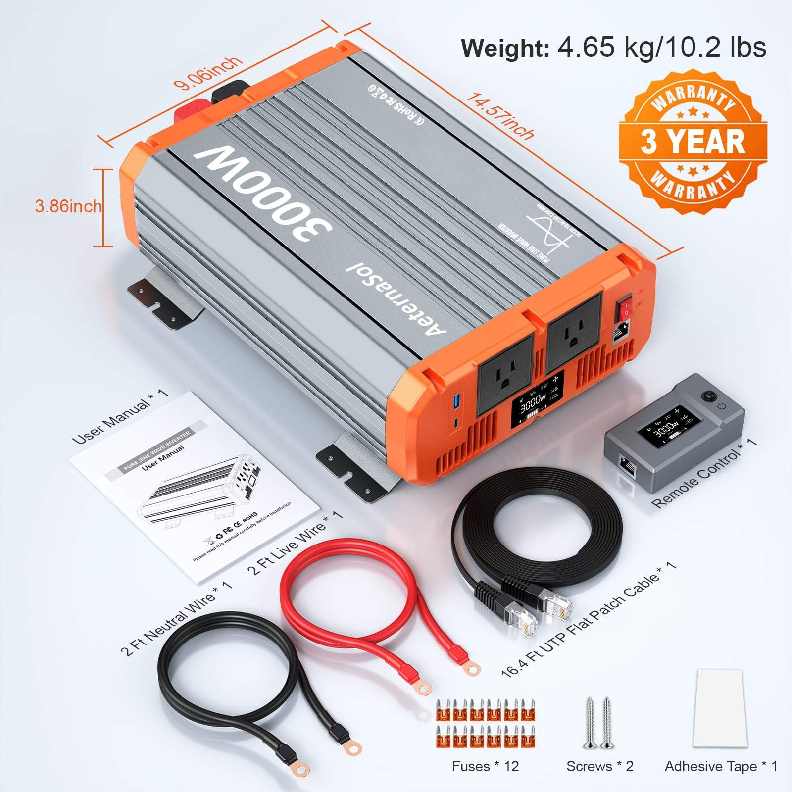 AeternalSol 2KW 2000W Pure Sine Wave Inverter 12V DC to 120V AC Solar RV Marine
