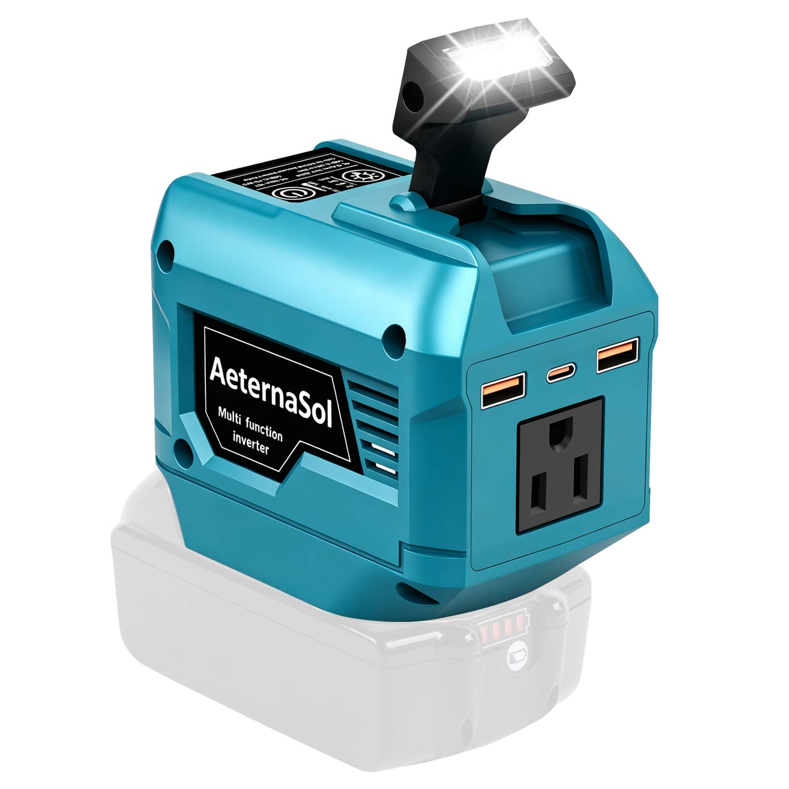 250W Power Inverter Compatible with DeWALT 20V/ Milwaukee 18V/ Makita 18V Battery, Portable Tool Battery Inverter DC 20V/18V to AC 110V,1 AC Outlet, 2 USB Ports,1 Type-C Fast Charge, 200LM LED Light, for Outdoor Emergency Job Site