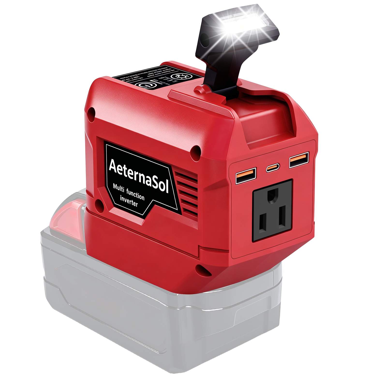 250W Power Inverter Compatible with DeWALT 20V/ Milwaukee 18V/ Makita 18V Battery, Portable Tool Battery Inverter DC 20V/18V to AC 110V,1 AC Outlet, 2 USB Ports,1 Type-C Fast Charge, 200LM LED Light, for Outdoor Emergency Job Site