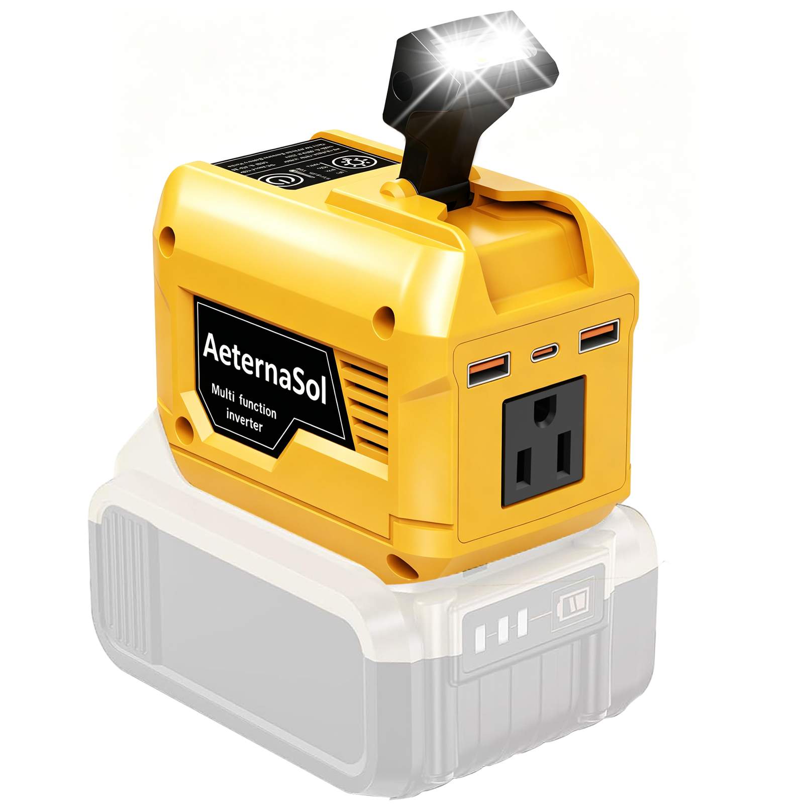 250W Power Inverter Compatible with DeWALT 20V/ Milwaukee 18V/ Makita 18V Battery, Portable Tool Battery Inverter DC 20V/18V to AC 110V,1 AC Outlet, 2 USB Ports,1 Type-C Fast Charge, 200LM LED Light, for Outdoor Emergency Job Site