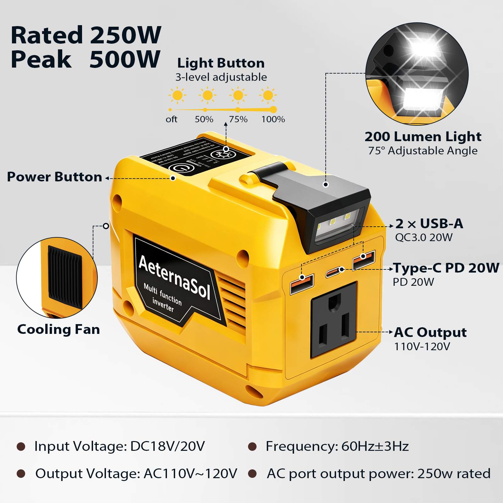 250W Power Inverter Compatible with DeWALT 20V/ Milwaukee 18V/ Makita 18V Battery, Portable Tool Battery Inverter DC 20V/18V to AC 110V,1 AC Outlet, 2 USB Ports,1 Type-C Fast Charge, 200LM LED Light, for Outdoor Emergency Job Site