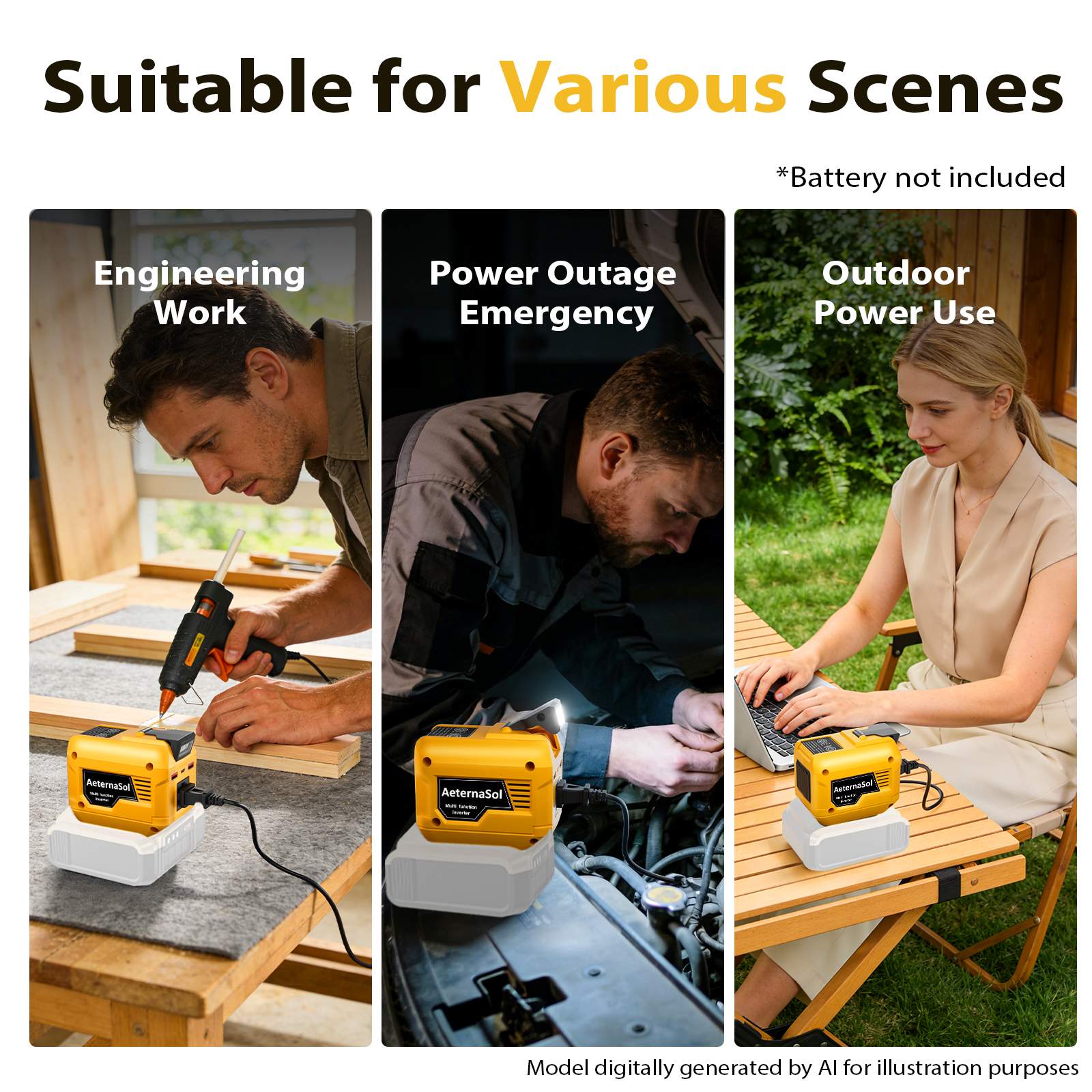 250W Power Inverter Compatible with DeWALT 20V/ Milwaukee 18V/ Makita 18V Battery, Portable Tool Battery Inverter DC 20V/18V to AC 110V,1 AC Outlet, 2 USB Ports,1 Type-C Fast Charge, 200LM LED Light, for Outdoor Emergency Job Site