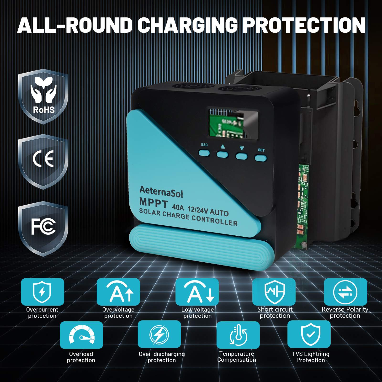 40A Solar Charge Controller, 12V/24V MPPT Controller, Adjustable LCD with Timer, Dual USB Ports, for RV, Boat, Cabin, Off-Grid Systems, Compatible with FLD/LiFePO4/SLD/GEL/AGM (Blue)/(Orange)