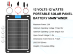 12V Solar Car Battery Charger 12W Waterproof Portable Solar Trickle Charger Maintainer with Smart PWM Controller for Car, Automotive, Motorcycle, Boat, Marine, RV,Trailer, Snowmobile, etc.