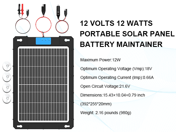 12V Solar Car Battery Charger 12W Waterproof Portable Solar Trickle Charger Maintainer with Smart PWM Controller for Car, Automotive, Motorcycle, Boat, Marine, RV,Trailer, Snowmobile, etc.