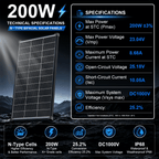 200W/400W Solar Panel N-Type, 12V N-Type 200 Watt Solar Panels 18BB 25.2% High-Efficiency IP68 Waterproof for RV Marine Trailer Camper Rooftop Farm Other Off-Grid System (200W Solar Panel Bifacial)