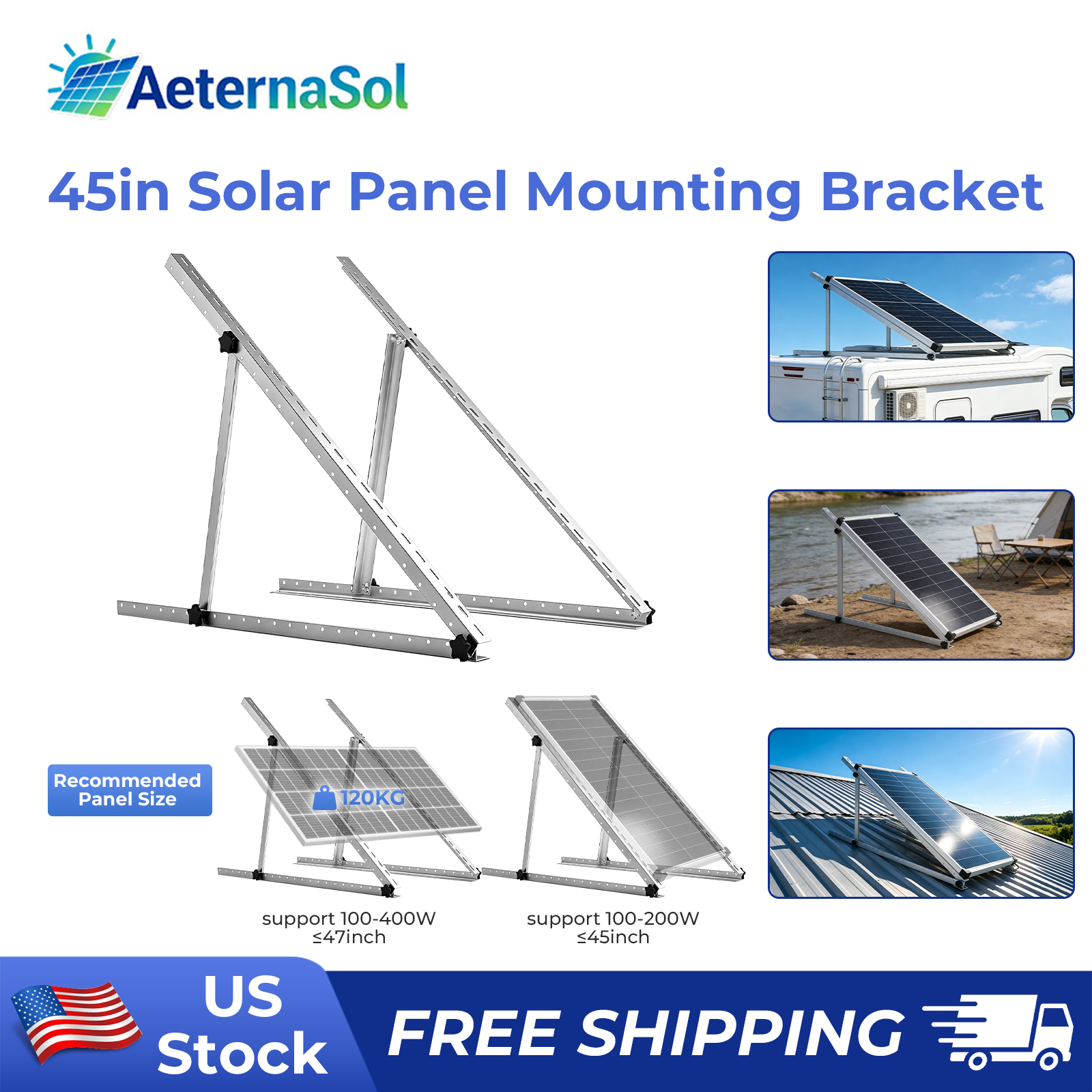 AeternaSol 45in Adjustable Solar Panel Mounting Brackets Kit Multifunction US