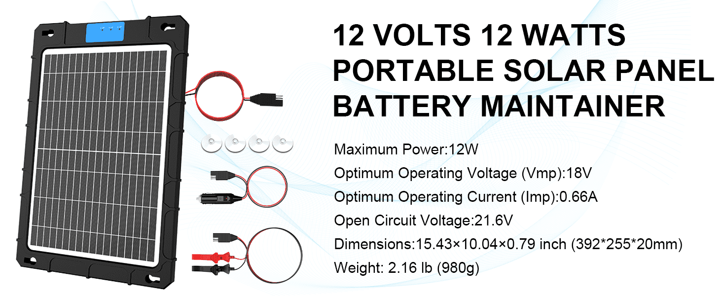 12V Solar Car Battery Charger 12W Waterproof Portable Solar Trickle Charger Maintainer with Smart PWM Controller for Car, Automotive, Motorcycle, Boat, Marine, RV,Trailer, Snowmobile, etc.