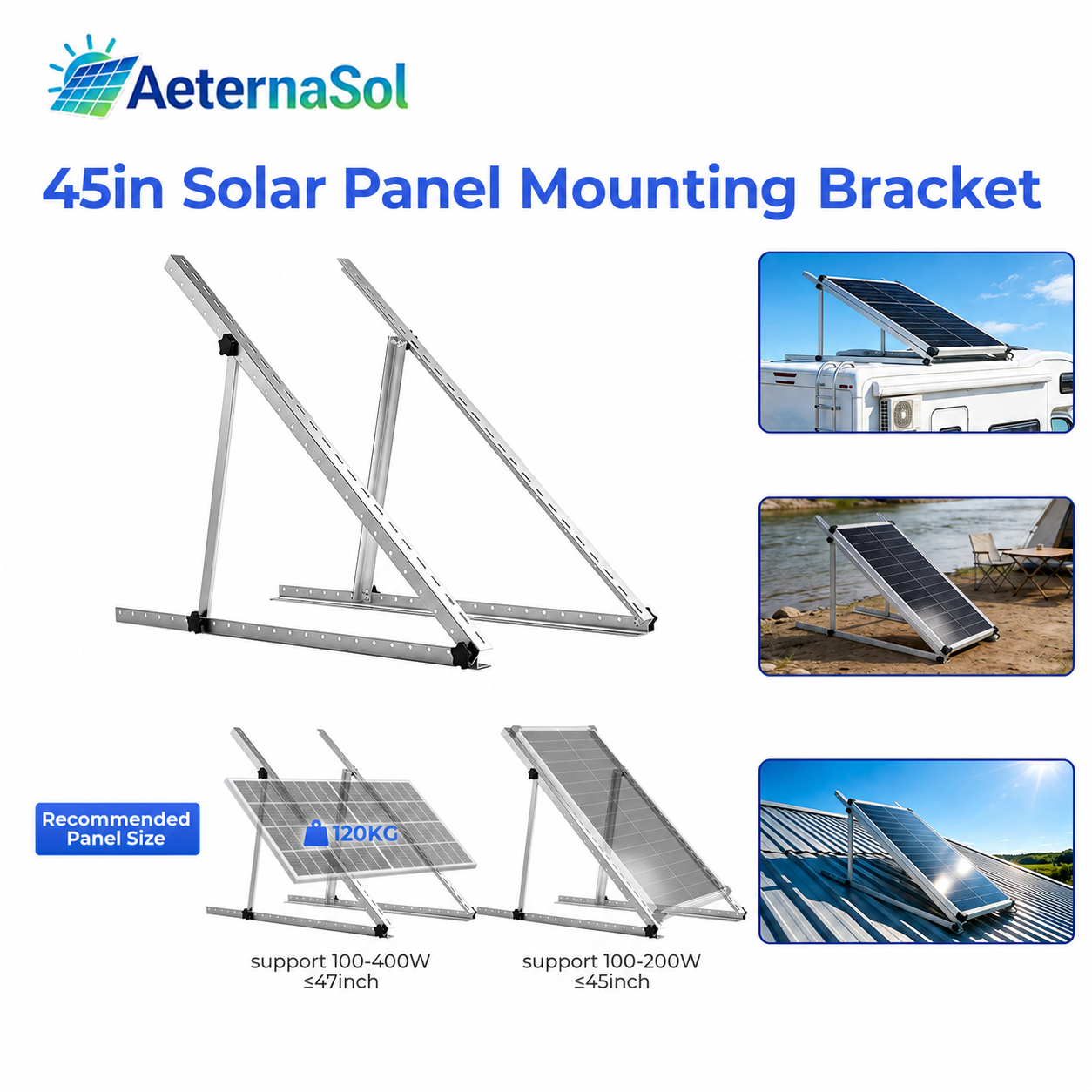 45in Adjustable Solar Panel Mounting Bracket Kit for RV, Roof, Boat & Off-Grid Systems